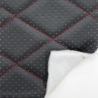 Экокожа стеганая перфорированная Ромб Черная с Красной строчкой